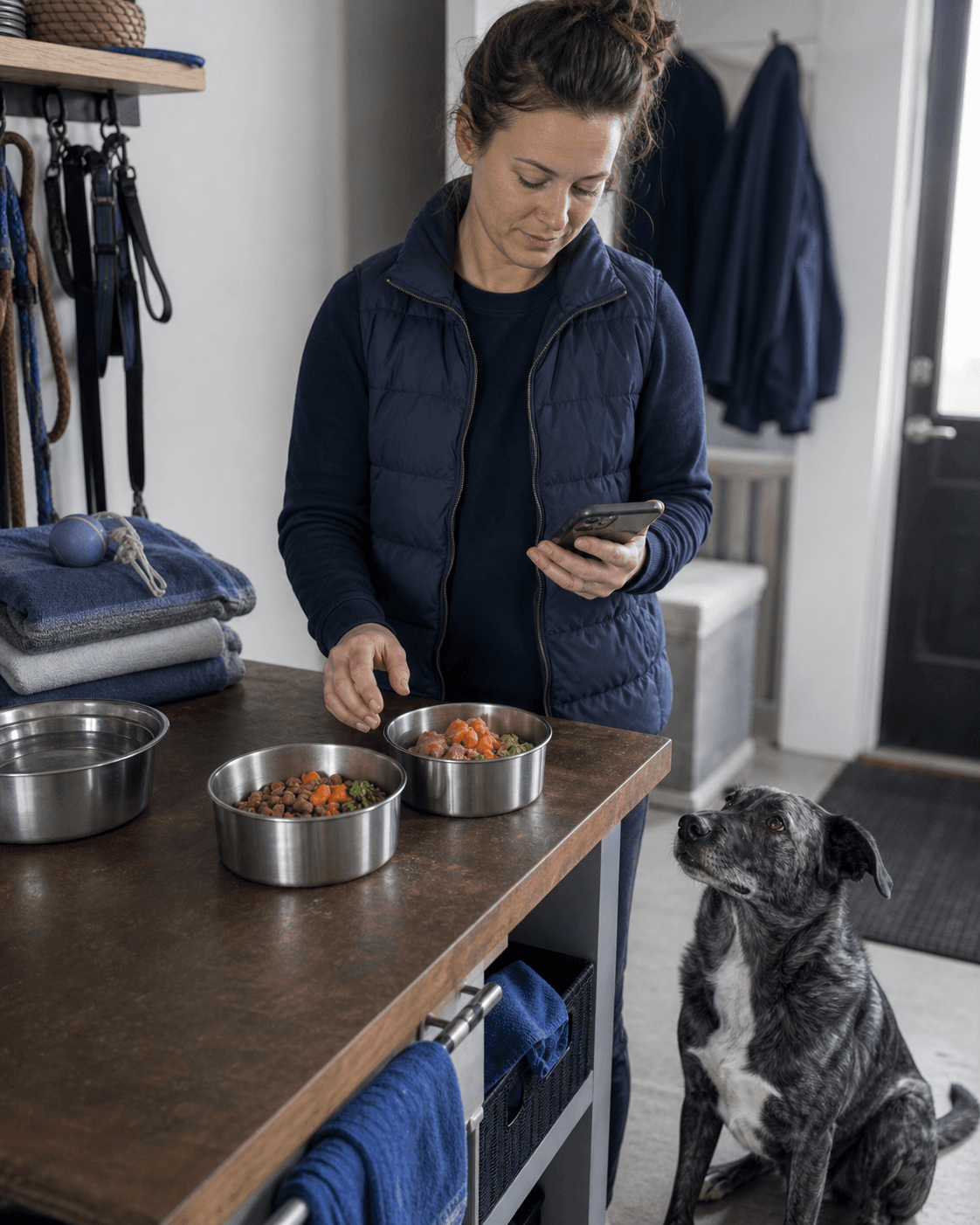 An independent pet-care owner preparing two meal bowls while checking care details on a phone