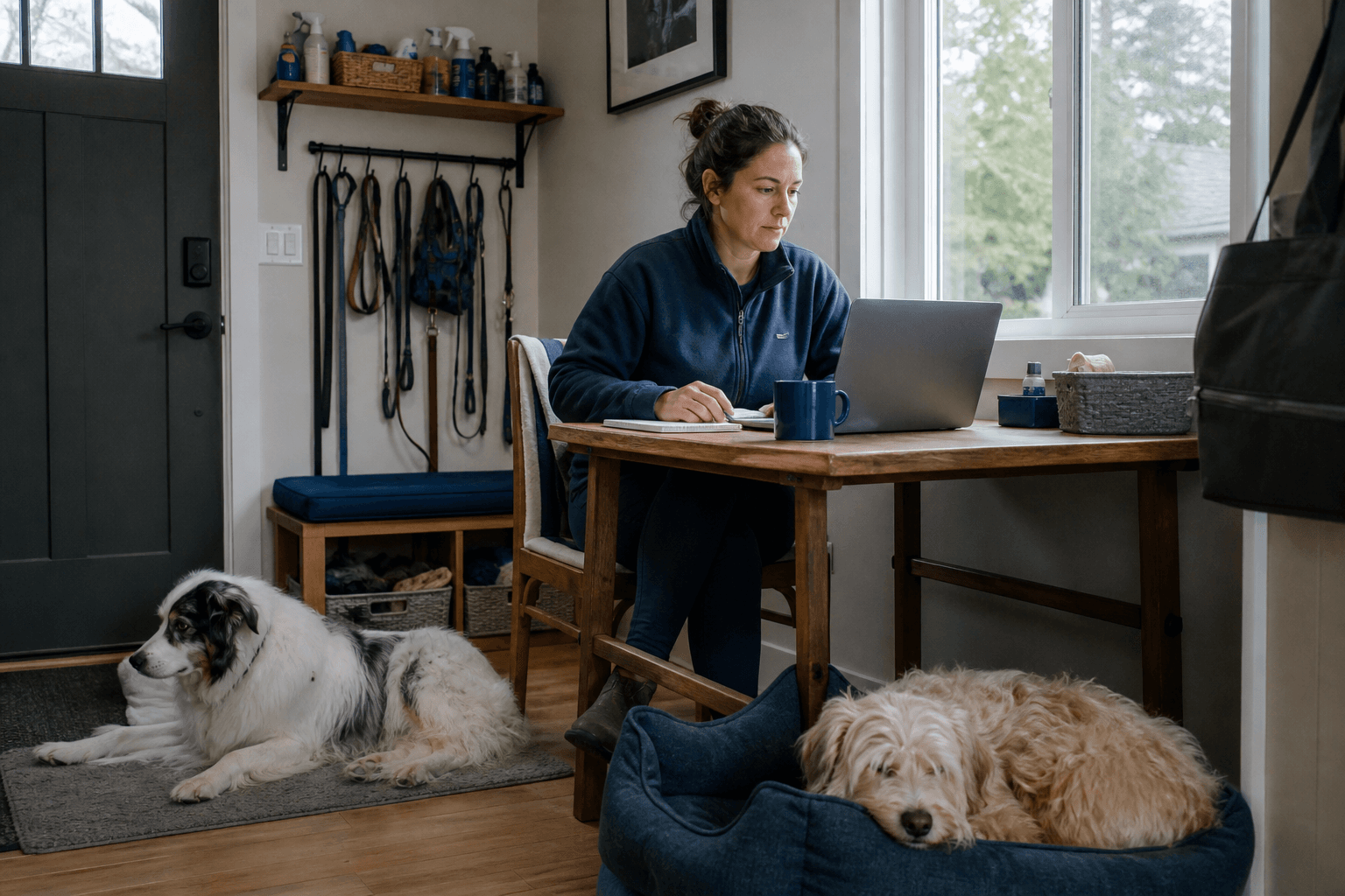 An independent pet-care business owner reviewing the day on a laptop while two dogs settle nearby